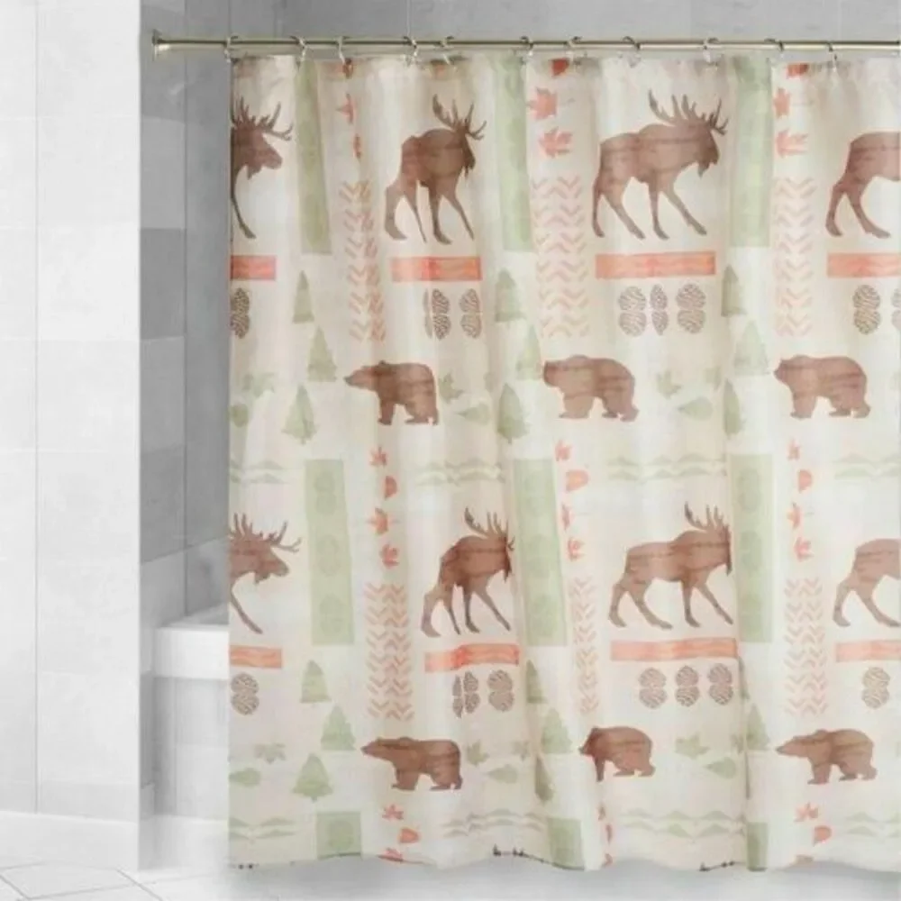 Moose Bear Fabric Shower Curtain Cabin Wilderness Lodge Forest 72L x 70W